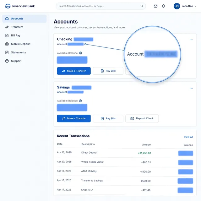 Online banking screen with account details blurred